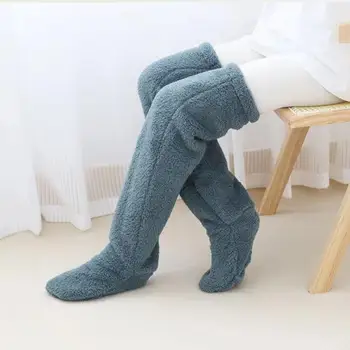 1 двойка жени есен зима над коляното размити чорапи плътен цвят плюшени бедрото високи чорапи дебели космати ботуши чорапи крак нагреватели