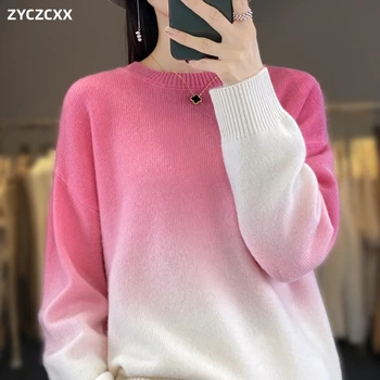 100% мериносова вълна градиент цвят дамски пуловер есен/зима нова мода корейски стил хлабав O яка пуловер жените яке