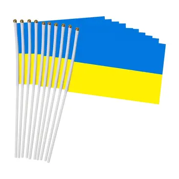 10pc 14*21cm украински патриот национален флаг Украйна плаващ флаг банер с пластмасови флагове ръка размахване знамена на едро