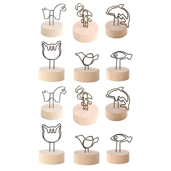 12Packs Creative Wooden Base Place Card Holders, Simple And Cute Photo Holders, Picture Memo Note Photo Clip Holders