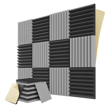  12PCS самозалепващи акустични панели, 1X12X12Inch звукоизолиращи пяна панели, за музикално студио, игрална зала, спалня (черно + сиво)