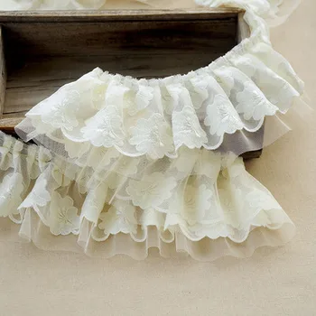 1Meter/10CM кайсия двуслойна мрежа цвете бродерия плисирана дантела плат апликации за ръчно изработени рокля пола материал