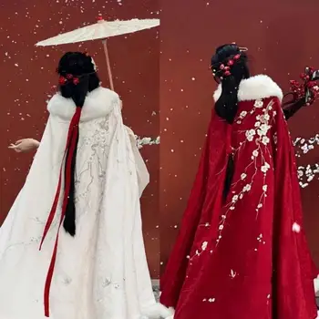 1Pc жени есен зима изящни слива цвят модел бродирани ханфу наметало китайски стил плюшени дебели топли плюшени шал