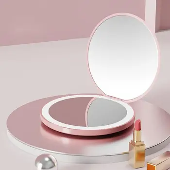 1pc мини светещо огледало за грим кръг, преносимо сгъваемо малко компактно огледало със светлина, USB ръчни огледала за увеличаване на грима