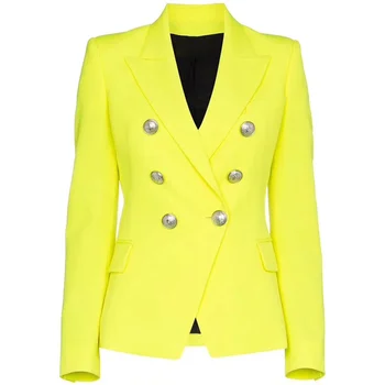 2023 ВИСОКО КАЧЕСТВО Най-новият моден дизайнер Дамски лъвски копчета Двуредно флуоресцентно жълто сако