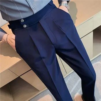 2023 Висококачествен бизнес ежедневни драпирани панталони с висока талия Мъже плътен цвят официални панталони мъжки официални офис социални костюми