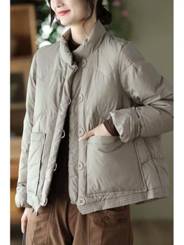 2023 Дамска корейска версия Зимно памучно яке палто Свободни ежедневни дрехи Женски рог катарама къс надолу Parkas палто