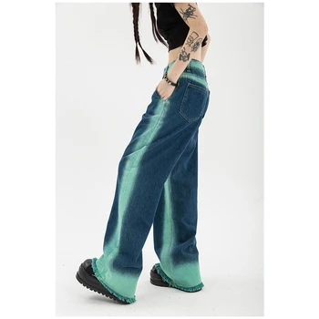 2023 Дънки висока талия реколта прав торбести панталони шик дизайн улично облекло градиент цвят хип-хоп Y2K деним широк крак панталон