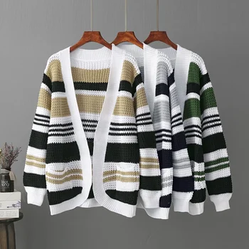 2023 Есен раиран джоб дълъг ръкав пуловер палто жени плетена жилетка зимата случайни контраст пуловер жилетка палто жени