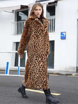 2023 Зимен леопард печат палто за жени мода завой-надолу яка дълго палто женски топло удебелени пътуване връхни дрехи