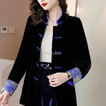 2023 Зимна дълга черна танг-костюм памучна подплатена сако жена китайски стил нов тиган катарама ретро дълъг ръкав cheongsam палто s907