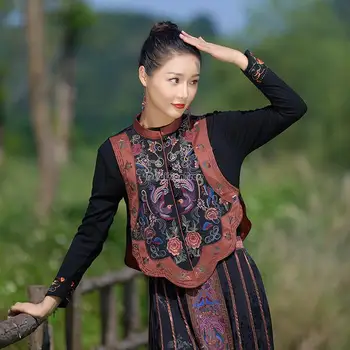 2023 китайски етнически стил есен зима нова бродерия снаждане дизайн стойка яка без ръкави жилетка жени ретро жилетка отгоре t001