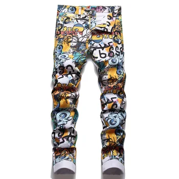 2023 Мъжки графити печат дънки Streetwear модел цифрови боядисани участък дънкови панталони мода тънък заострени прави панталони