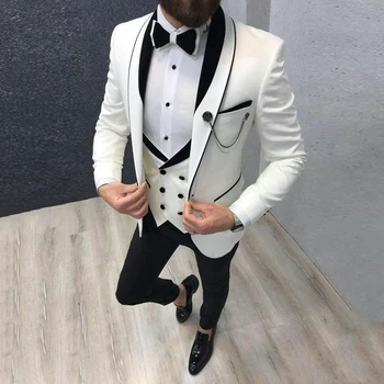 2023 Най-новите бели костюми за сватбени смокинги младоженец носят черен връх ревера Groomsmen облекло Мъж блейзъри 3 парчета костюм Homme