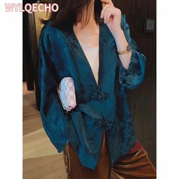 2023 Нов китайски стил елегантен V врата традиционни Tang костюми блуза жени реколта флорални дама жакард Hhanfu блуза отгоре