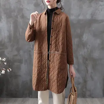2023 нов китайски стил ретро клип със средна дължина памучна риза жена зима дебел памучен лен дълъг ръкав жена дневно яке s937