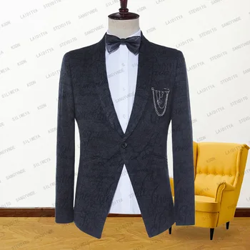 2023 Нов мъжки костюм тъмно сиво кадифе писмо модел яке тънък годни официално облекло бизнес работа сватба смокинг блейзър палто