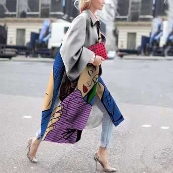 2023 Нова есенна мода Дамско палто Каре палто Дълъг ръкав ревера палто отпечатани вълнен дълго палто