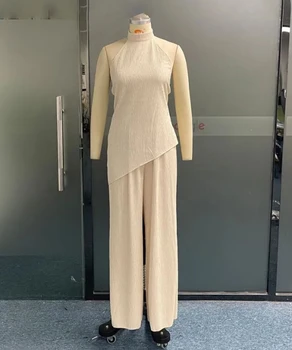 2023 Нова лятна мода случайни пътуване до работното място хлабав асиметричен висящи врата отворен обратно върховете дизайн с широк крак панталони комплект за жени