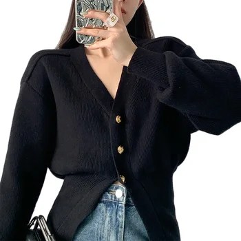 2023 Нова ранна пролет Нов топ черен пуловер палто Дамска мода Ежедневни корейски серии Къса плетена жилетка с V-образно деколте