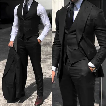 2023 Черен класически мъжки костюм от 3 части Tuxedo Peak Lapel Groomsmen Сватбени костюми Комплект модни мъже Бизнес Blazer Jacket + панталони + жилетка
