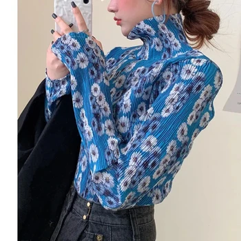 2023 японски стил поло блузи жени цветен печат дълъг ръкав риза 90s шик плисиран дизайн дами елегантни върхове корейски