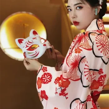 2023 Японско кимоно жена с червено Obi цвете отпечатани халат за баня Yukata Haori косплей костюм изпълнение фотография дрехи