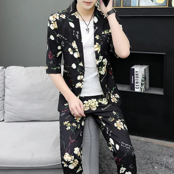 2023Летен костюм (Блейзър+ Западни панталони) Корейска версия Тънка мода Среден маншет Ежедневни седемточков ръкав Комплект от две части