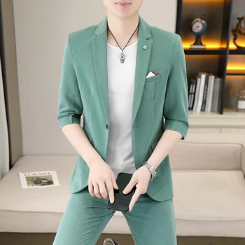2023Мъжка лятна мода Handsome Trend Boutique Thin Solid Color Suit Suit Seven Points Mid-sleeve Suit Nine Points Pants A Set