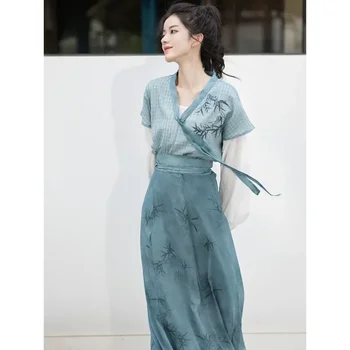 2024 Есен елегантен син бамбук отпечатани дълги ръкави ханфу рокли 3бр Дамски подобрени модерни ежедневни дрехи Vestidos Chinos