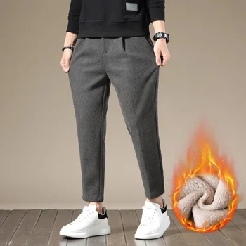2024 Есен Зима Костюм Панталони Мъже Дебел бизнес ластик Класически сив кафяв вълнен прав корейски официални панталони мъжки