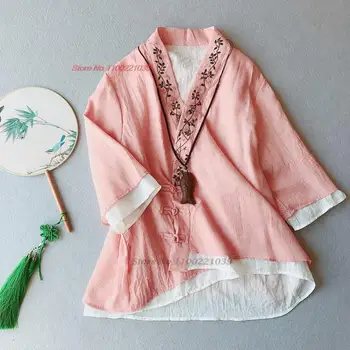 2024 китайски реколта ханфу върхове национална цветна бродерия памучна ленена блуза ориенталски чай услуга ханфу блуза ретро дзен костюм