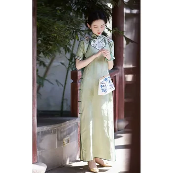 2024 Лятна китайска традиционна стойка яка зелена ретро Qing Cheongsam рокли за жени Елегантна жакардова странична дълга рокля Qipao