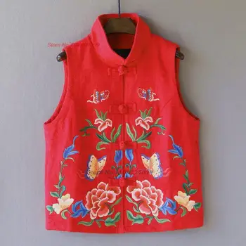 2024 национална жилетка жени цвете бродерия китайски традиционен памук бельо къса жилетка реколта женски tang костюм ретро жилетка