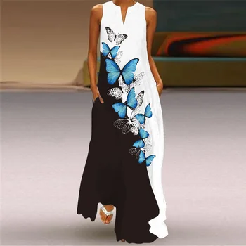 2024 Нова дамска дълга рокля без ръкави V-образно деколте пеперуда ретро мода течаща печатна рокля