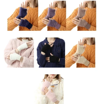 2024 Нова китка топло плетени ръкавици зимата половин пръст плътен цвят ръкавица за тийнейджъри ски