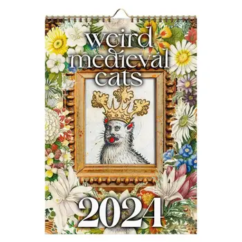 2024 Средновековен котешки календар Странен средновековен календар за стена на котки Грозна котка Месечен стенен календар с котешки картини Арт декорации