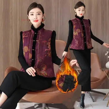 2024 традиционен китайски печат на цветя ханфу жилетка ориенталски етнически сгъстен жилетка национален реколта танг костюм ретро стойка яка жилетка