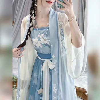2024 Ханфу рокля жени китайски традиционен печатни ханфу студент Хелоуин косплей костюм ханфу синьо 3бр комплекти