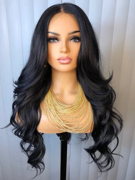 26Inch Long Natural Black Body Wave Preplucked Soft 180% Density Glueless Deep Lace Front Wig For Women Babyhair Daily Cosplay