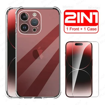 2in1 силиконов прозрачен капак + закалено стъкло за iPhone 15 Pro Max Case Ultra Clear Coque iPhone15 Plus iPhone15Pro 15Pro 5G Funda