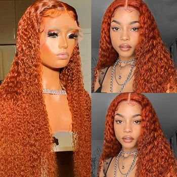 34Inch Deep Wave Ginger Orange Lace Front Wig For Women Preplucked топлоустойчиви синтетични перуки за коса 180% плътност къдрава