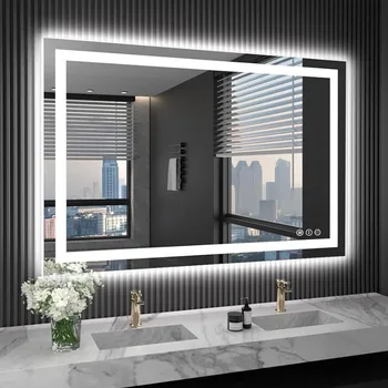 48X32 LED огледало за баня със светлини, анти-мъгла, димиране, подсветка + предно осветление, осветено огледало за баня за стена