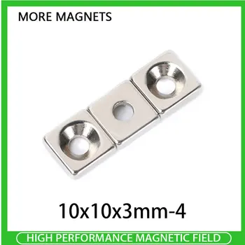 5/10/20/50/100/200PCS 10x10x3-4 Единична дупка Countersunk дупка 4mm квадратни постоянни магнити N35 неодимов силен магнит