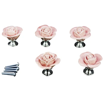5 x розова врата мебели керамична дръжка антични бутон винтове включени елегантен дизайн роза форма