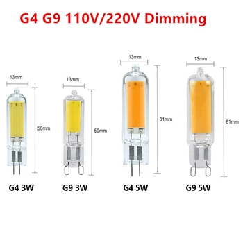 5Pcs / Lot Dimmable G4 G9 E14 LED COB лампа 3W 5W 9W крушка AC / DC12V 110V 220V свещи светлини замени 30W 40W халоген за полилей