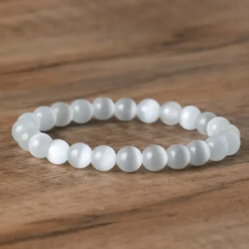 8mm естествен камък бяла котешко око гривна мода бижута йога медитация лечебно кристал стреч гривни за жени