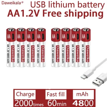AA акумулаторна литиева батерия, 1.2V USB акумулаторна AA батерия, AA, 4800mAh, дистанционно управление за играчка мишка, Безплатна доставка CE FCC