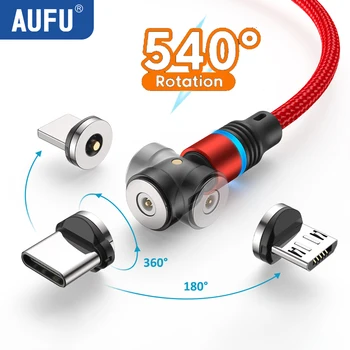 AUFU LED магнитен USB кабел за iPhone Xiaomi Samsung Type C кабел USB зареждане на данни за зареждане 540 Завъртане на микро USB кабел кабел тел