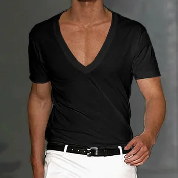 B8667 Мъжка тениска къси панталони ръкав дълбоко v-образно деколте върховете плътен цвят извънгабаритни тройници мъже streetwear хлабав пуловер T ризи пролетта